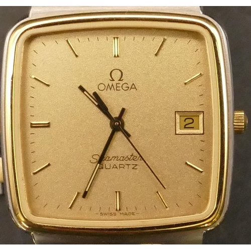 681 - An Omega Seamaster Quartz Gent's square dial wristwatch with gilt dial with seconds hand and calenda... 