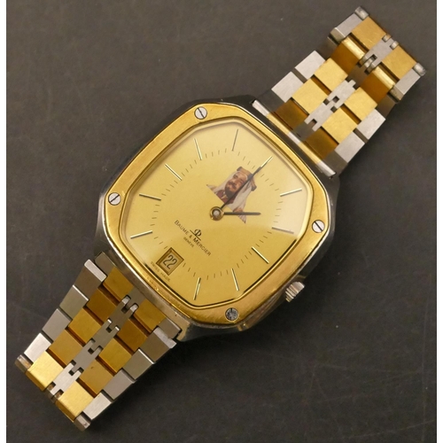 682 - A Baume & Mercier Geneva Quartz steel Gent's wristwatch with gilt dial depicting figurehead 