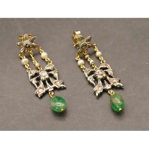 701 - A pair of 14ct gold and silver drop earrings mounted with emeralds, seed pearls and small diamonds, ... 