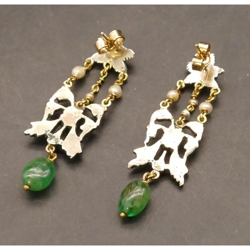 701 - A pair of 14ct gold and silver drop earrings mounted with emeralds, seed pearls and small diamonds, ... 