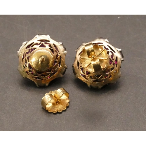 702 - A pair of 14ct gold and silver Almandine cluster earrings,