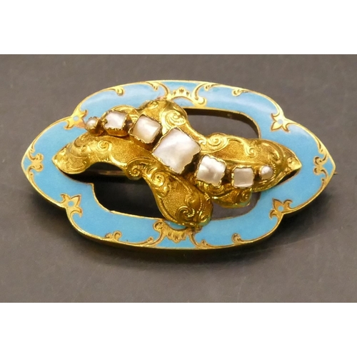 703 - A 19th Century French high carat gold oval brooch with turquoise enamel decoration, inset with 7 pea... 