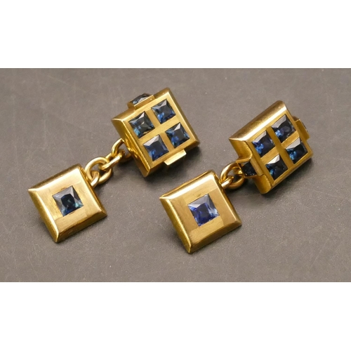 706 - A pair of gentlemen's square gold cufflinks mounted with blue stones, 14.7 grams gross