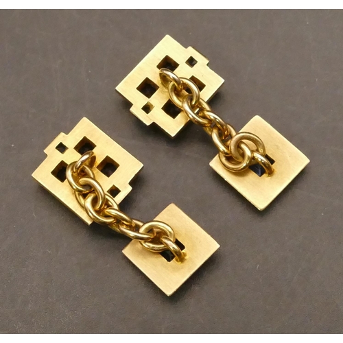 706 - A pair of gentlemen's square gold cufflinks mounted with blue stones, 14.7 grams gross