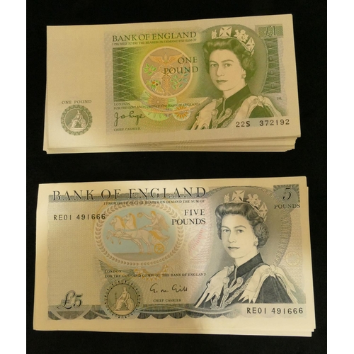 710 - 3 x Mint blue Five Pound Notes and 60 x One Pound Notes (most Mint and uncirculated), Prefix numbers... 