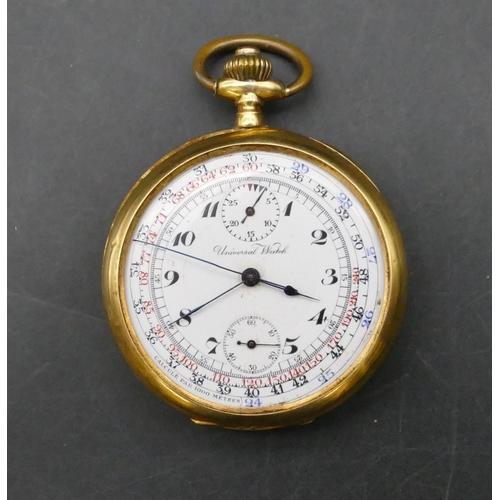 713 - An 18ct gold Universal Chronograph open faced pocket watch with white enamel dial, 2 smaller dials, ... 