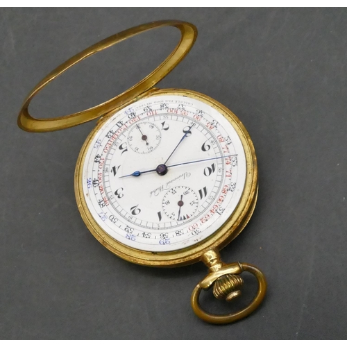 713 - An 18ct gold Universal Chronograph open faced pocket watch with white enamel dial, 2 smaller dials, ... 