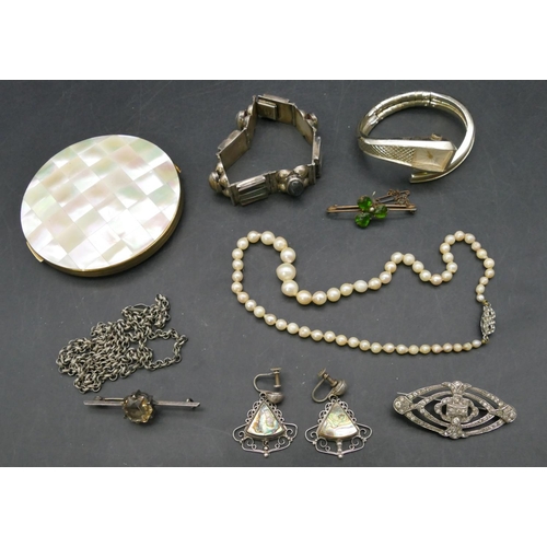 716 - A pair of Sterling silver and Mother of Pearl drop earrings, a similar bracelet, a silver bar brooch... 