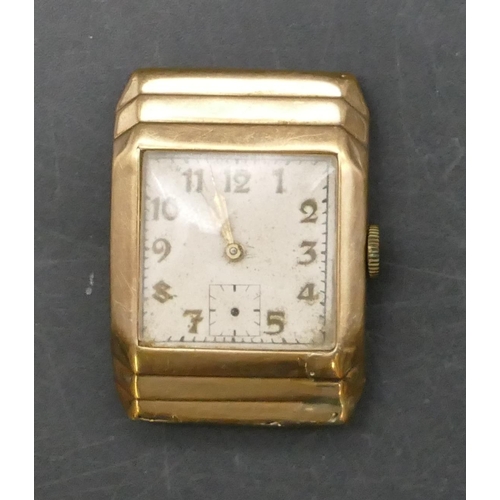 759 - A 9ct gold square faced wristwatch with silvered dial, seconds dial and Arabic numerals (hand to sec... 