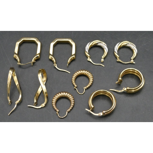 761 - 5 pairs of 9ct gold earrings, 9.8 grams