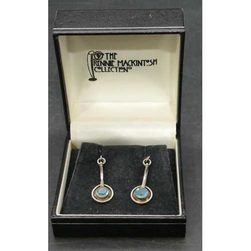 769 - A pair of modern Macintosh style silver drop earrings mounted with pearl and blue stones (boxed)