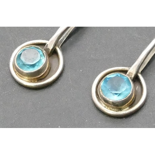 769 - A pair of modern Macintosh style silver drop earrings mounted with pearl and blue stones (boxed)