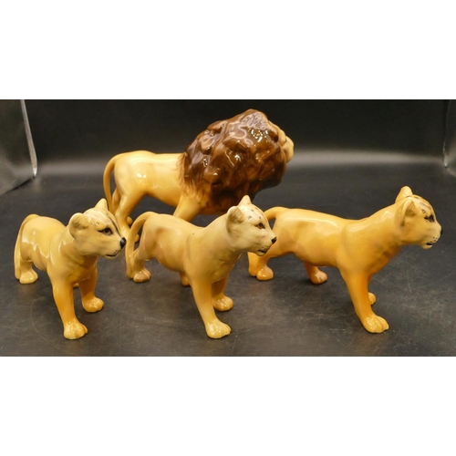 77 - A Beswick figure of a Prowling Lion, 23cm long and 3 Beswick Lion Cubs (4)