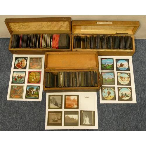 780 - 3 boxes of various magic lantern slides depicting coloured and black and white nursery rhymes, build... 