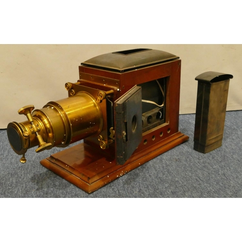 783 - A Victorian mahogany brass and black Japanned magic lantern, 54cm long overall