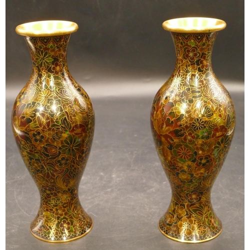 790 - A pair of modern Cloisonné round bulbous thin necked trumpet shaped vases with allover floral, leaf ... 