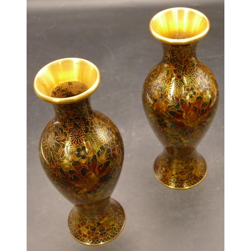 790 - A pair of modern Cloisonné round bulbous thin necked trumpet shaped vases with allover floral, leaf ... 