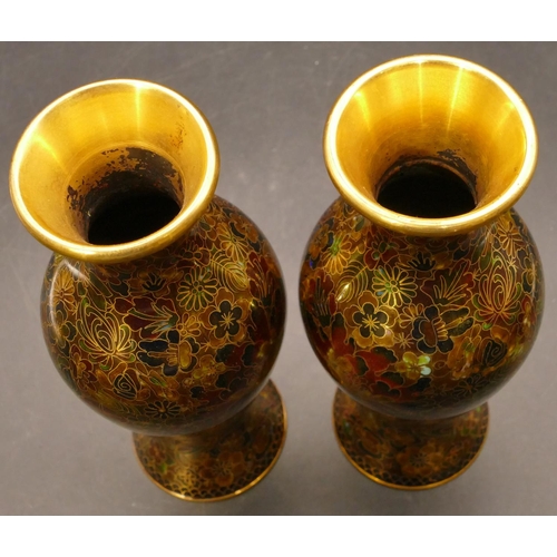 790 - A pair of modern Cloisonné round bulbous thin necked trumpet shaped vases with allover floral, leaf ... 