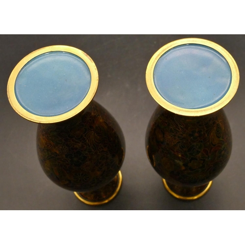 790 - A pair of modern Cloisonné round bulbous thin necked trumpet shaped vases with allover floral, leaf ... 