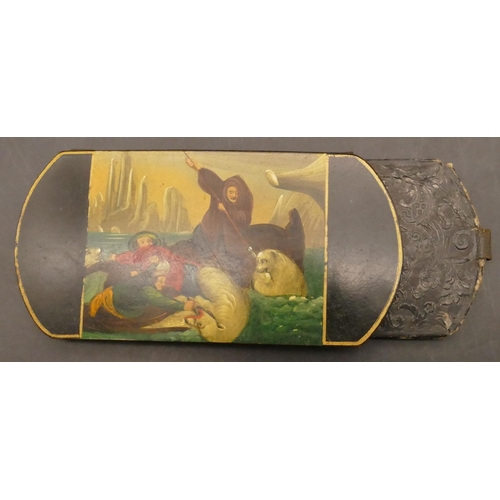 791 - A 19th Century Papier Mache oblong cigar case with inner case, hand painted hunting scene decoration... 