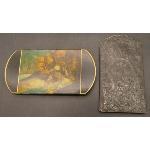 791 - A 19th Century Papier Mache oblong cigar case with inner case, hand painted hunting scene decoration... 