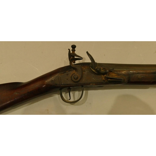 794 - A 19th Century mahogany flint lock Blunderbuss with ramrod  (seized mechanism), 73.5cm long