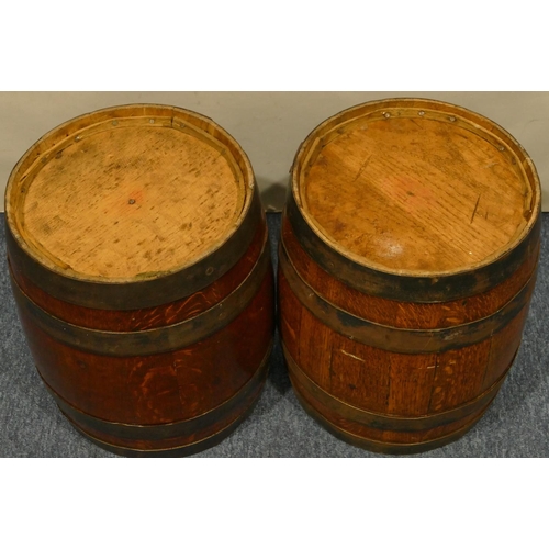 796 - A pair of oak banded miniature barrels, 33cm high, 29cm diameter