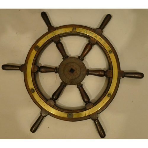 807 - M.G.M Camaret wooden and brass ship's wheel, 77cm diameter