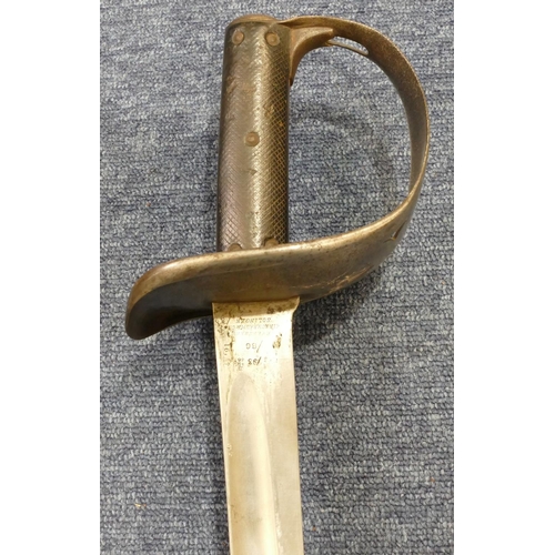 813 - A British Army Cavalry sword with sheath, stamped BR below crown, above 