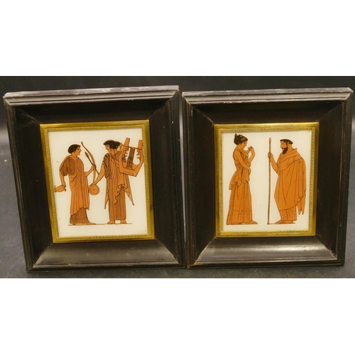 819 - A pair of prints depicting Roman figures in small black frames with gilt inner rims, 10cm x 8cm