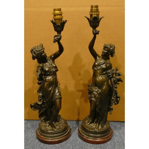 838 - Auguste Moreau (1834-1917), a pair of bronze table lamps in the form of standing ladies on red marbl... 