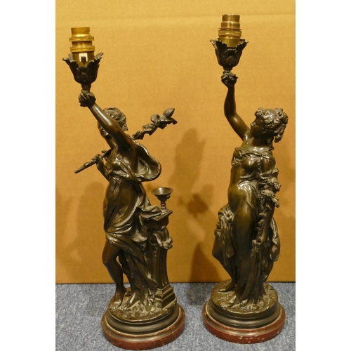 838 - Auguste Moreau (1834-1917), a pair of bronze table lamps in the form of standing ladies on red marbl... 