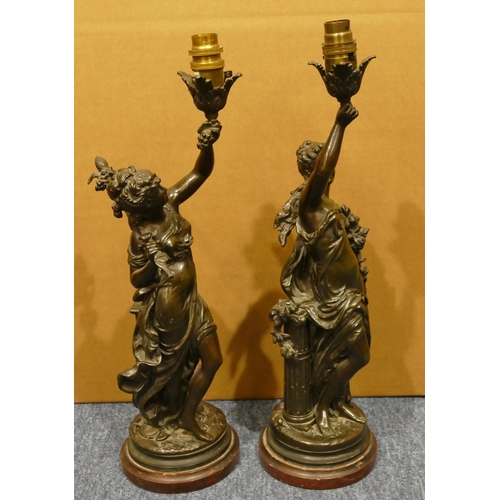 838 - Auguste Moreau (1834-1917), a pair of bronze table lamps in the form of standing ladies on red marbl... 