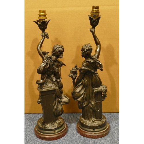 838 - Auguste Moreau (1834-1917), a pair of bronze table lamps in the form of standing ladies on red marbl... 