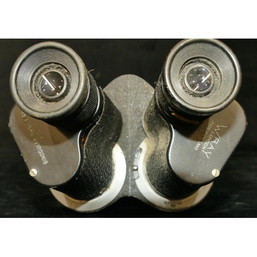 840 - A pair of Wray magnifier x 10 binoculars, 3 pairs of binoculars with leather grips (4)