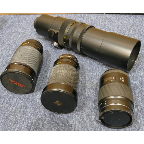 850 - A Russian Hova 42mm lens cased, 3 various lenses - Sunagor Super Maxima 200M, Minolta AF Zoom 70-210... 