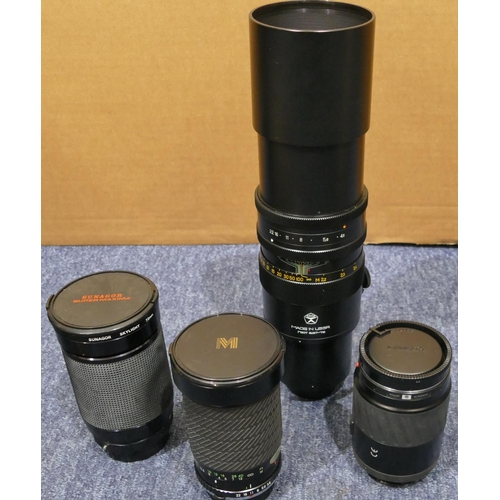 850 - A Russian Hova 42mm lens cased, 3 various lenses - Sunagor Super Maxima 200M, Minolta AF Zoom 70-210... 