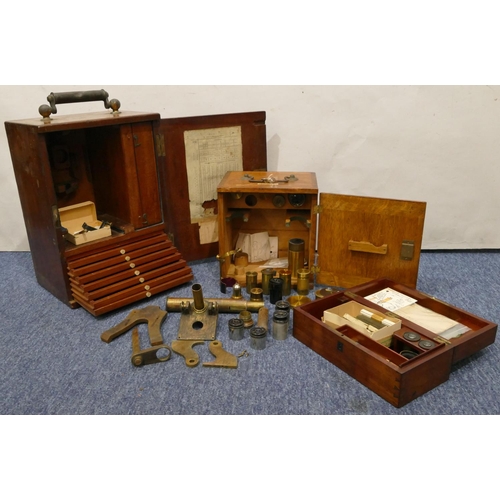 865 - A 19th Century mahogany microscope box with single panel door enclosing small drawers and part fitte... 