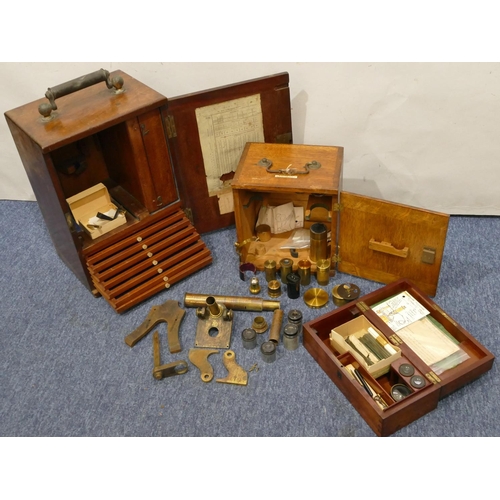 865 - A 19th Century mahogany microscope box with single panel door enclosing small drawers and part fitte... 