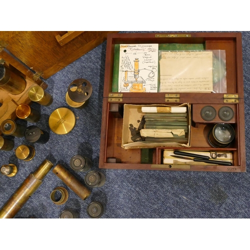 865 - A 19th Century mahogany microscope box with single panel door enclosing small drawers and part fitte... 