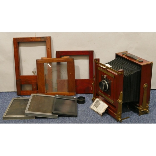 870 - Kodak mahogany and brass folding plate camera with some accessories