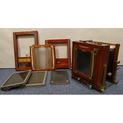 870 - Kodak mahogany and brass folding plate camera with some accessories