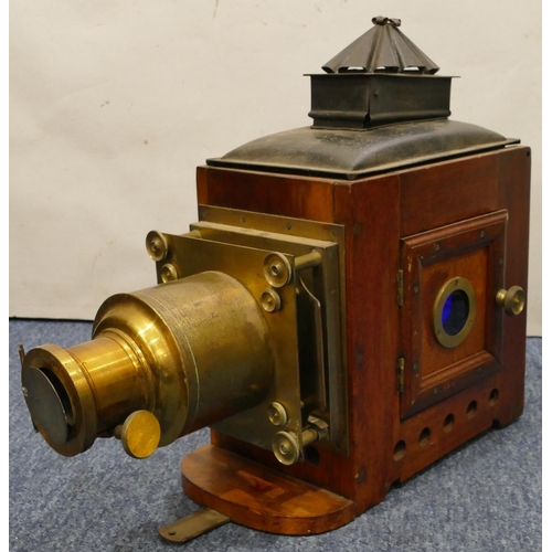 872 - A Victorian mahogany and brass magic lantern, 44.5cm wide (incomplete)