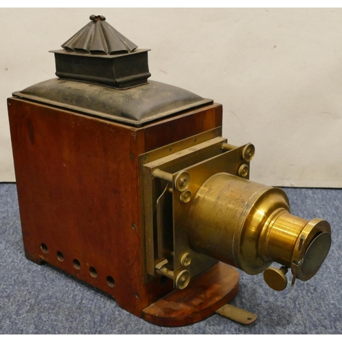 872 - A Victorian mahogany and brass magic lantern, 44.5cm wide (incomplete)