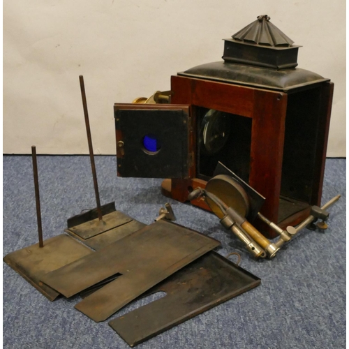 872 - A Victorian mahogany and brass magic lantern, 44.5cm wide (incomplete)