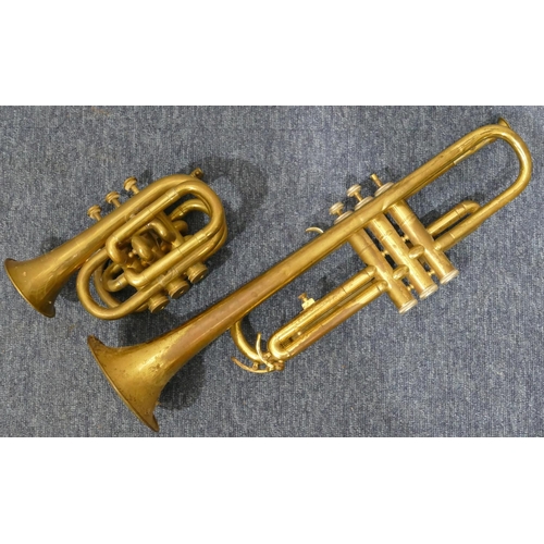 877 - A Bessons & Co. pocket trumpet, 22cm long (no mouthpiece), a B & M Champion trumpet (1 finger part m... 