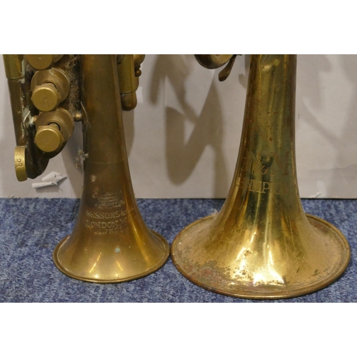 877 - A Bessons & Co. pocket trumpet, 22cm long (no mouthpiece), a B & M Champion trumpet (1 finger part m... 