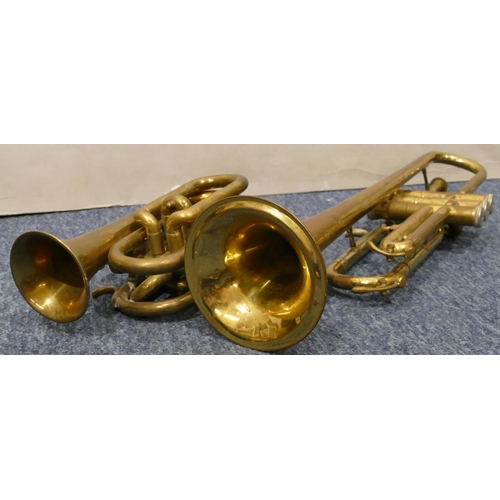 877 - A Bessons & Co. pocket trumpet, 22cm long (no mouthpiece), a B & M Champion trumpet (1 finger part m... 