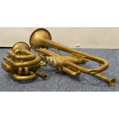 877 - A Bessons & Co. pocket trumpet, 22cm long (no mouthpiece), a B & M Champion trumpet (1 finger part m... 