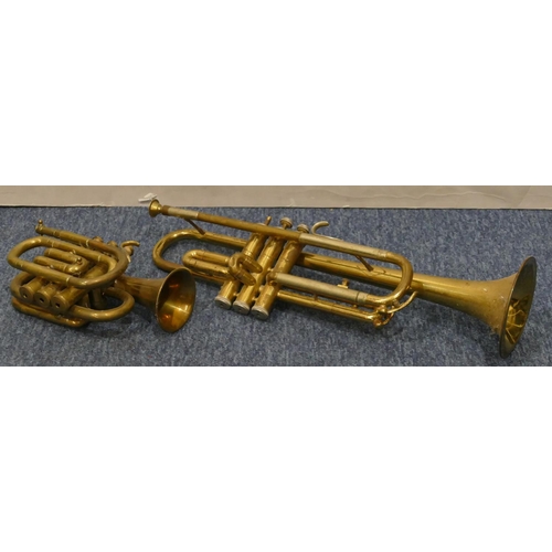 877 - A Bessons & Co. pocket trumpet, 22cm long (no mouthpiece), a B & M Champion trumpet (1 finger part m... 